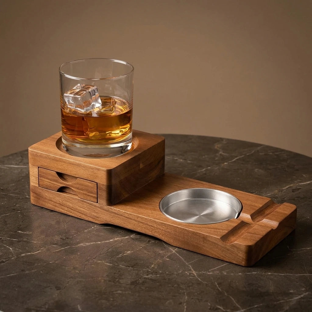 Plateau Héritage | plateau en bois avec emplacement pour verre, insert métallique amovible et tiroir intégré.