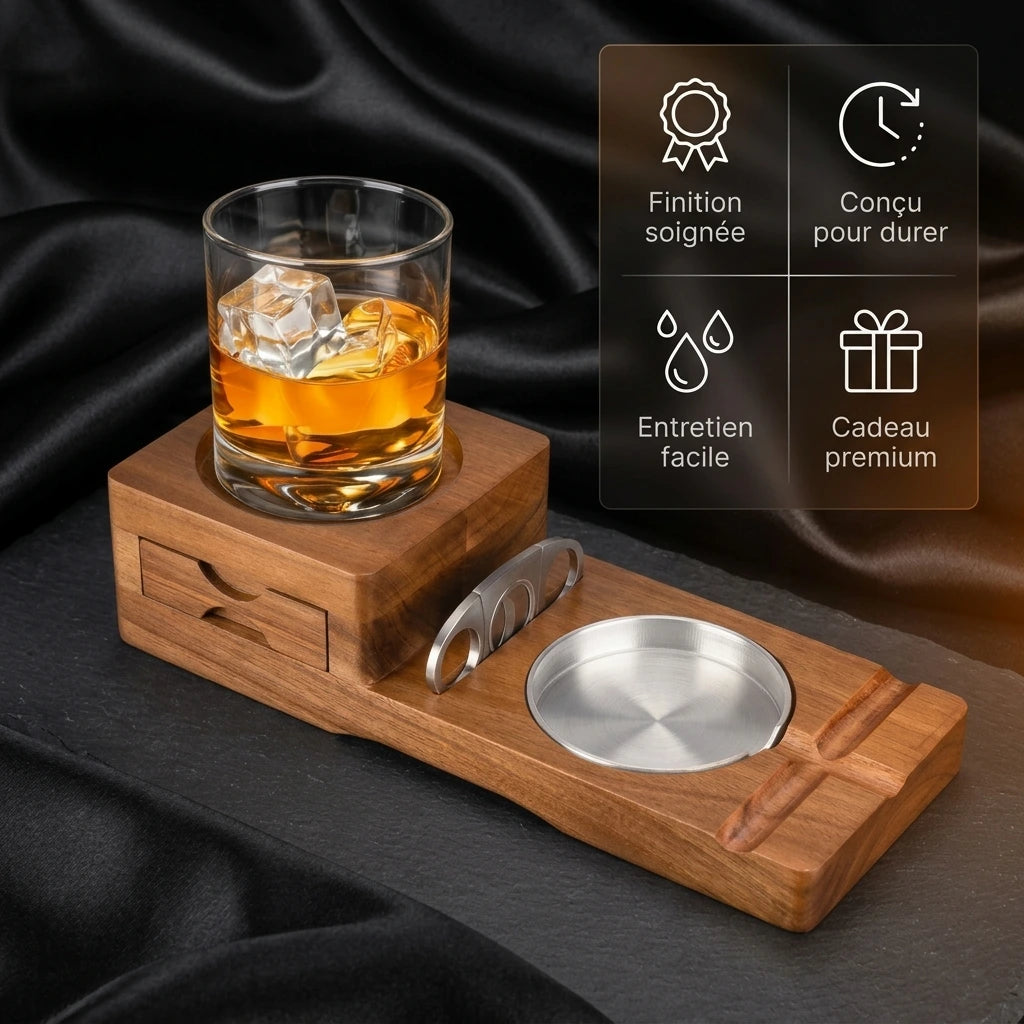 Plateau Héritage | plateau en bois avec emplacement pour verre, insert métallique amovible et tiroir intégré.