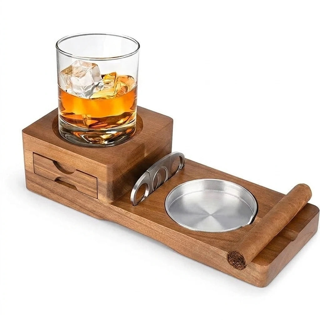 Plateau Héritage | plateau en bois avec emplacement pour verre, insert métallique amovible et tiroir intégré.